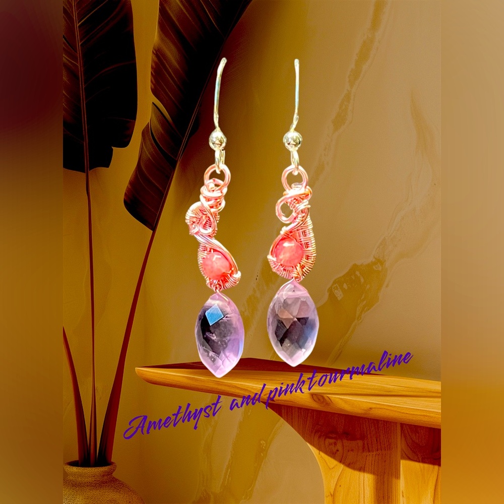💎💜Genuine faceted amethyst and pink tourmaline stone earrings